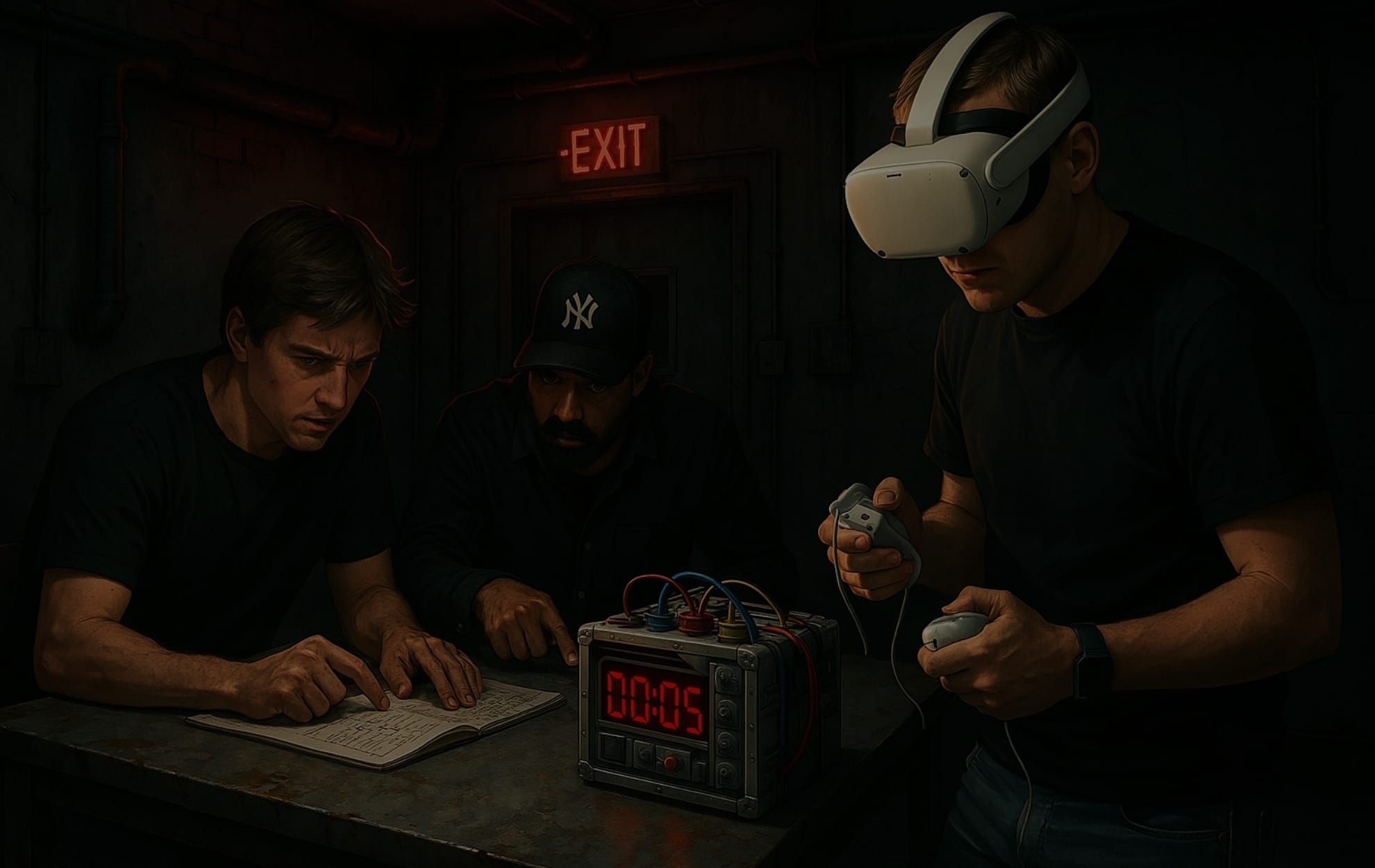 Team onder tijdsdruk in VR-scenario 'De Bom', ideale teambuilding activiteit