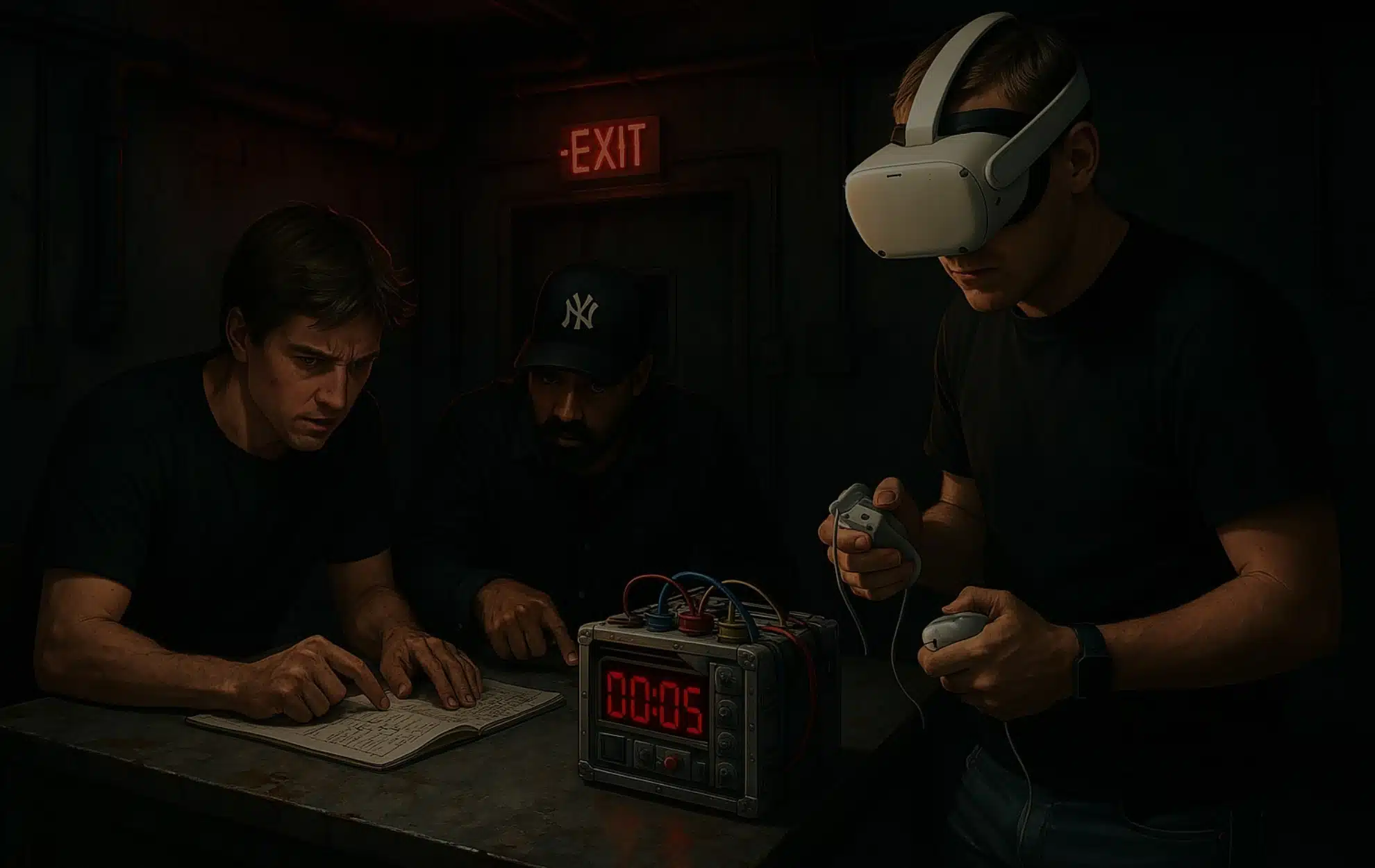 Team onder tijdsdruk in VR-scenario 'De Bom', ideale teambuilding activiteit