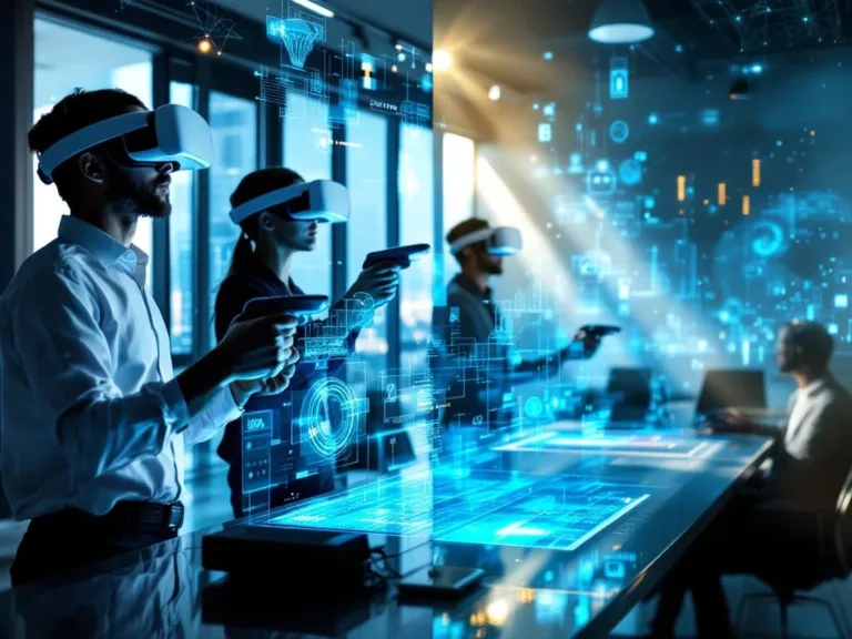 Professionals met VR-headsets en interactieve LED-vloerpanelen op modern zakelijk evenement met holografische projecties