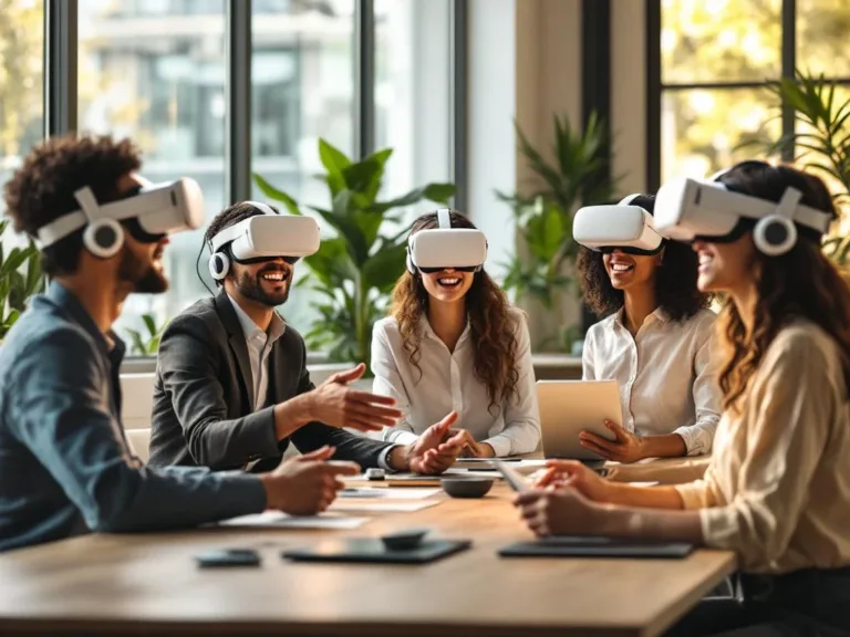 Divers team in moderne vergaderruimte, drie collega's met Meta Quest 3 VR-headsets tonen verschillende persoonlijkheidstypes