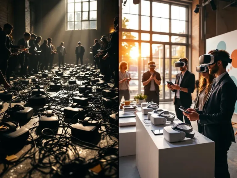 Split-screen vergelijking: chaotische VR-evenementopstelling met verwarde deelnemers versus professionele VR op Locatie setup met betrokken gebruikers