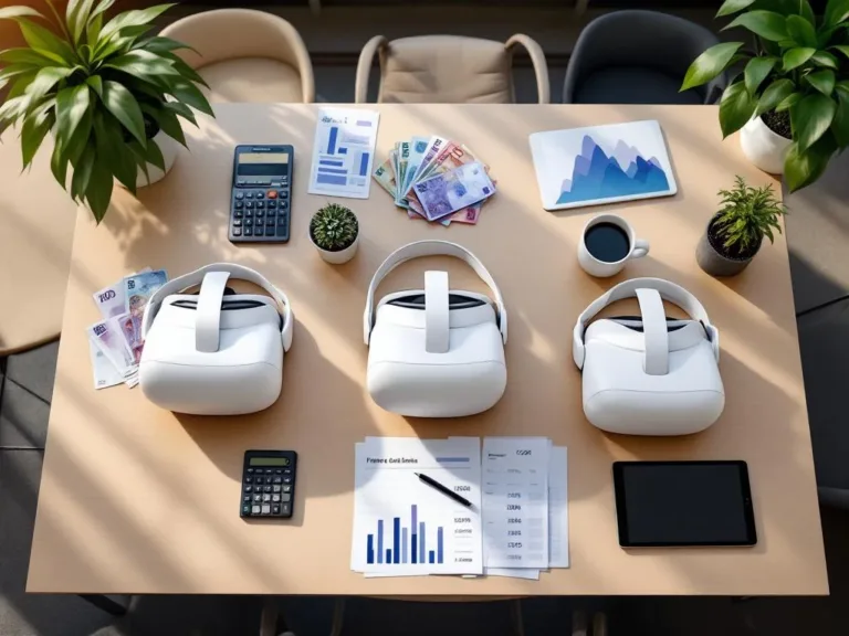 Drie Meta Quest 3 VR-headsets op vergadertafel met financiële documenten, calculator en tablet met grafieken