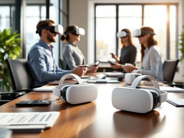 Zakelijke vergaderruimte met Meta Quest 3 VR-headsets op tafel en professionals die headsets gebruiken op achtergrond