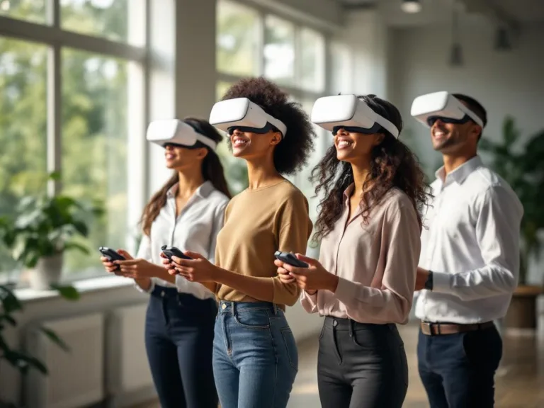 Vier professionals gebruiken Meta Quest 3 VR-headsets voor stressreductie in modern kantoor met natuurlijk licht