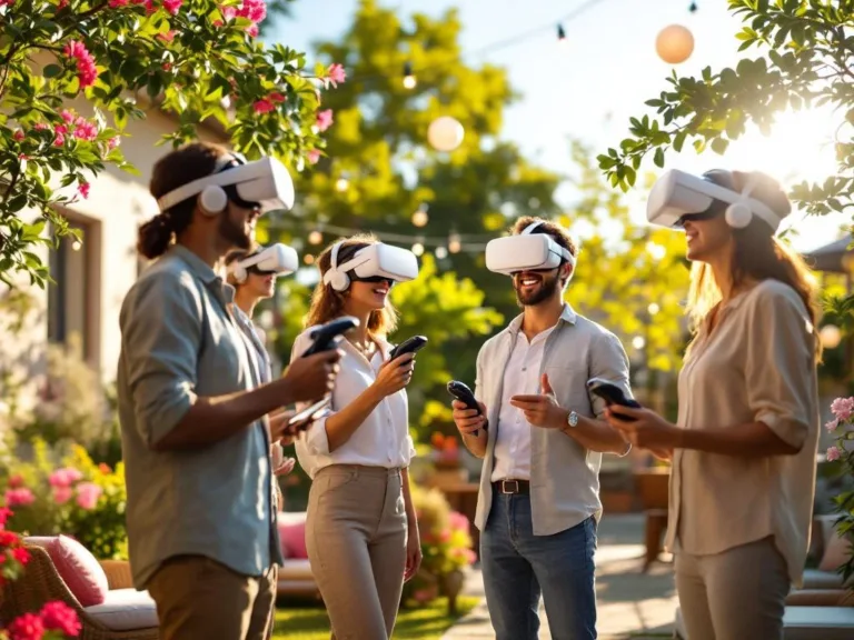 Professionals dragen Meta Quest 3 VR-headsets tijdens zomers teambuilding evenement in bedrijfstuin met facilitator