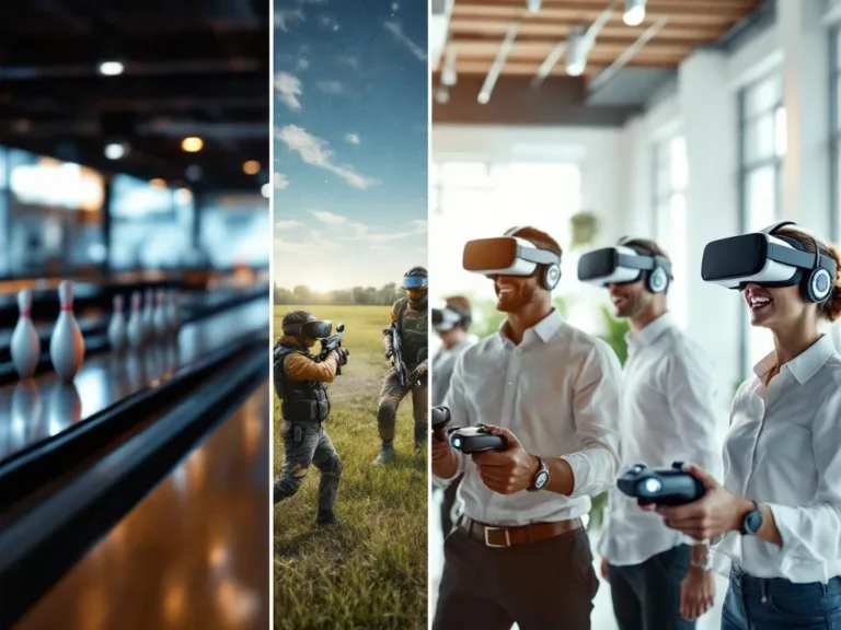 Vier collega's met Meta Quest 3 VR-headsets in modern kantoor, naast bowling- en paintballactiviteiten