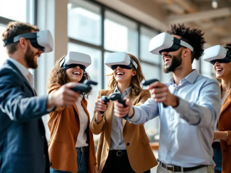 Collega's doen aan VR-teambuilding met Meta Quest 3 headsets in modern kantoor terwijl anderen aanmoedigen