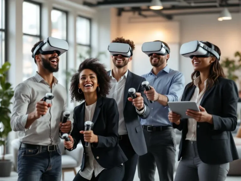 Diverse professionals doen aan VR team building met Meta Quest 3 headsets in modern kantoor met begeleider