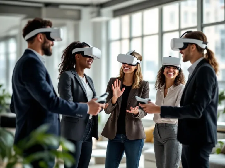 Vijf professionals in moderne kantoorruimte, drie met VR-headsets, tijdens teambuilding sessie bij ramen met daglicht