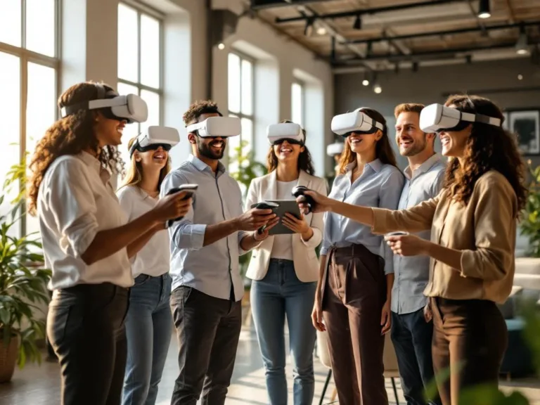 Diverse professionals doen VR-teamactiviteit met Meta Quest 3 headsets in modern kantoor met natuurlijk licht