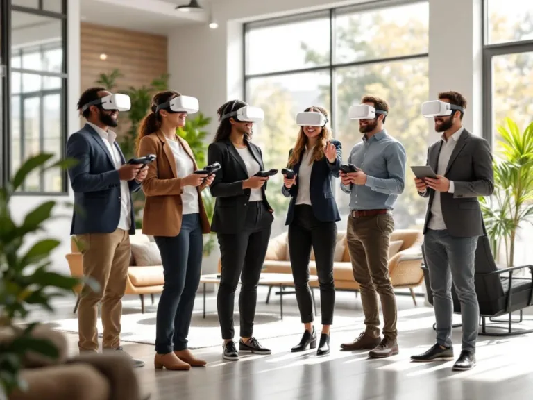 Vijf professionals met Meta Quest 3 VR-headsets tijdens teambuilding in modern kantoor met begeleider en tablet