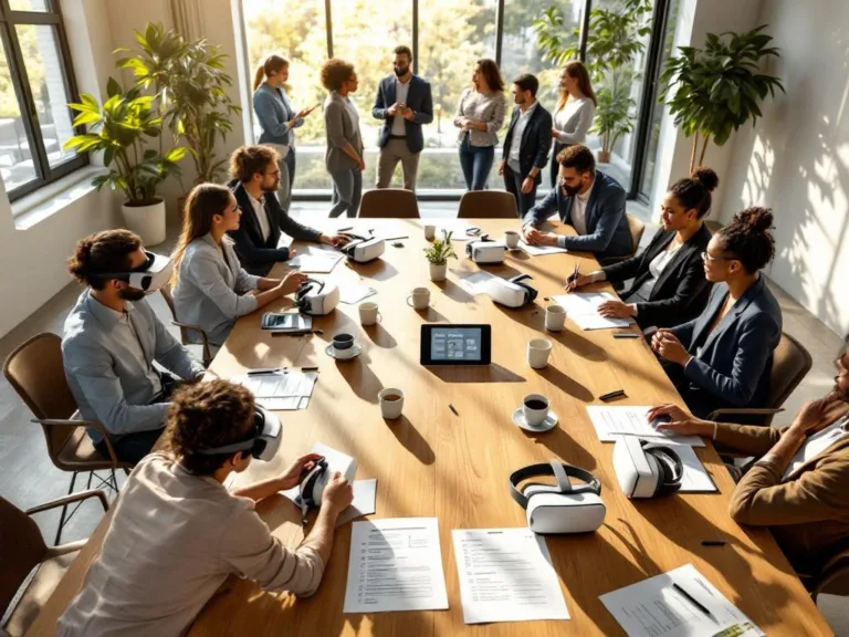 Vergadertafel met VR-headsets, checklist en tablet voor teambuildingvoorbereiding met medewerkers op achtergrond