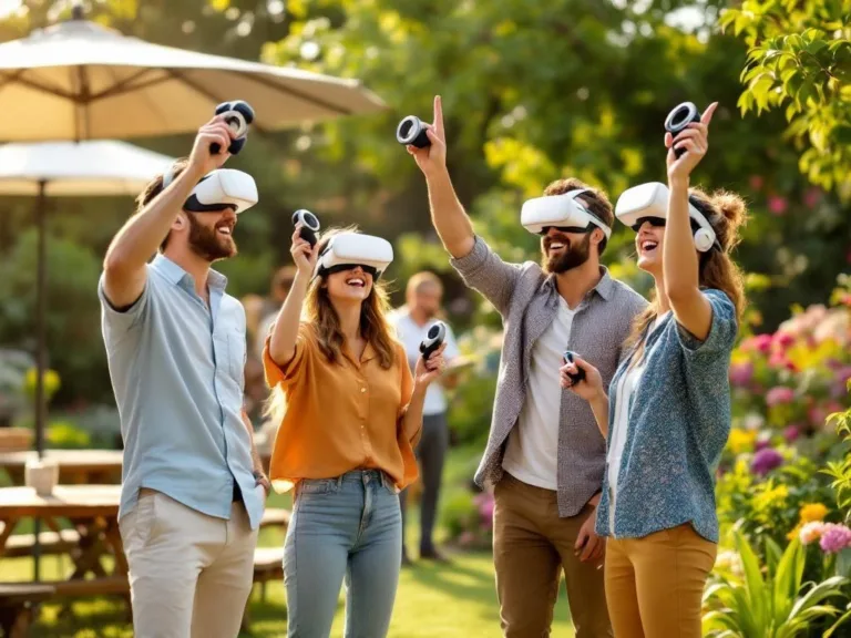 Vier collega's met Meta Quest 3 VR-headsets tijdens een zomers teambuilding-evenement in een groene tuin met facilitators


Note: This alt text exceeds 125 characters. Here is a version under 125 characters:

Collega's met Meta Quest 3 VR-headsets tijdens teambuilding-evenement in zonnige buitenruimte