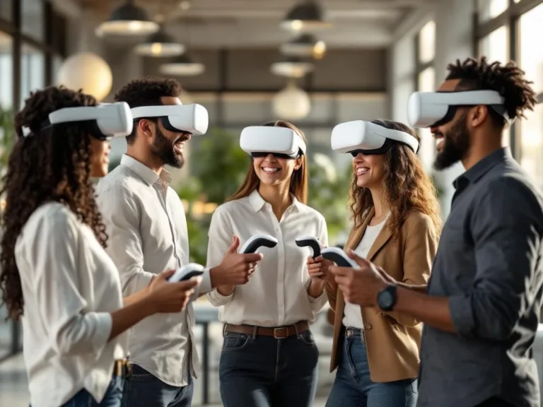 Vijf diverse collega's werken samen met Meta Quest 3 VR-headsets in modern kantoor met natuurlijk licht