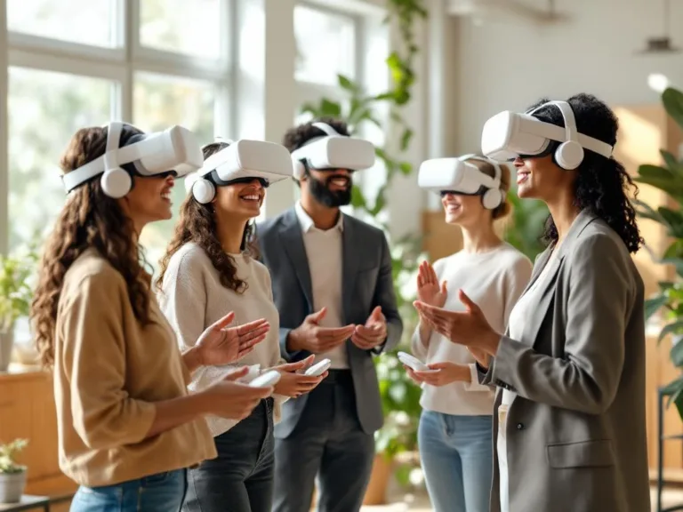 Vier collega's gebruiken Meta Quest 3 VR-headsets in modern kantoor met natuurlijk licht voor welzijnstraining