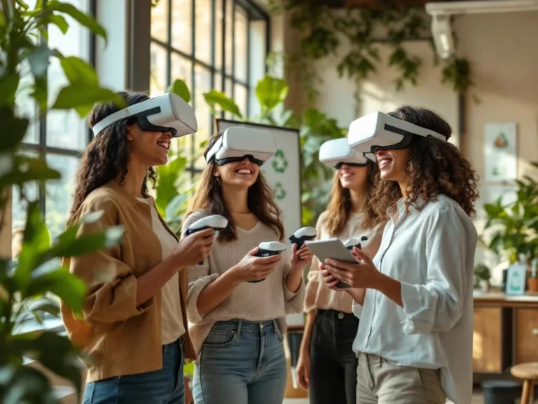 Vier professionals met Meta Quest 3 VR-headsets verkennen duurzame virtuele omgeving in modern groen kantoor