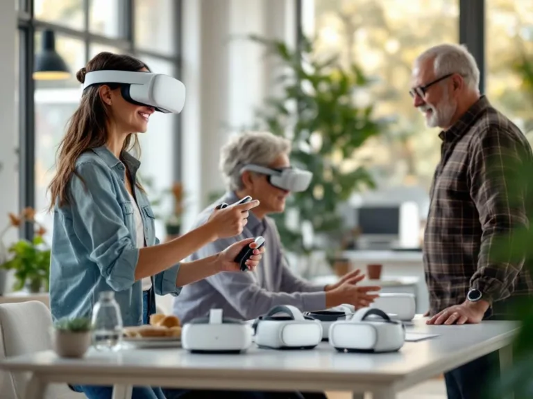 Diverse medewerkers gebruiken Meta Quest 3 VR-headsets in modern kantoor met natuurlijk licht en planten